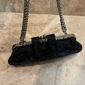 bebe Black Glitter Clutch with Silver Chain